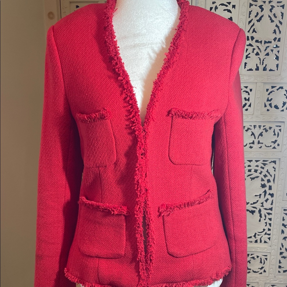 L'AGENCE Red Fringed Open-Front Blazer - Picture 3 of 16